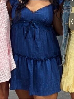 Altar'd State Navy Blue Tiered Babydoll Dress with Lace Trim